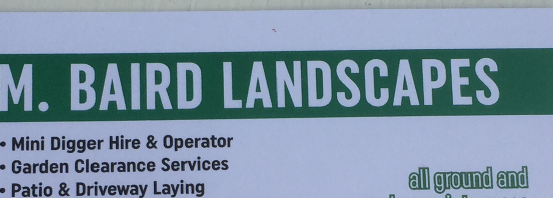 Main header - "M Baird Digger Hire Landscaping Garden Services"