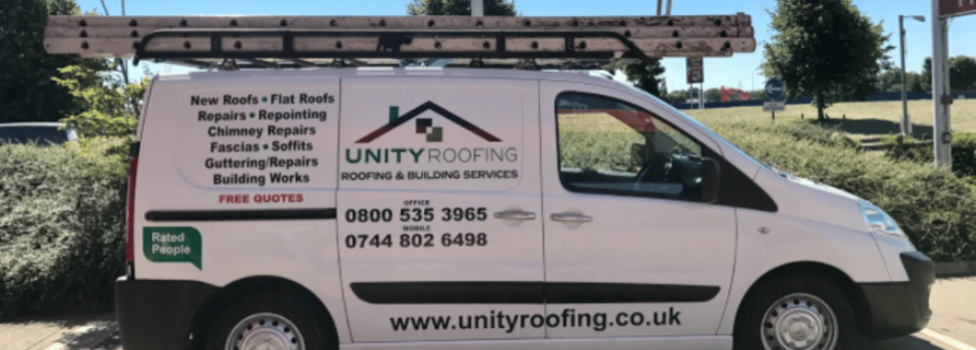 Main header - "Unity roofing & building services"
