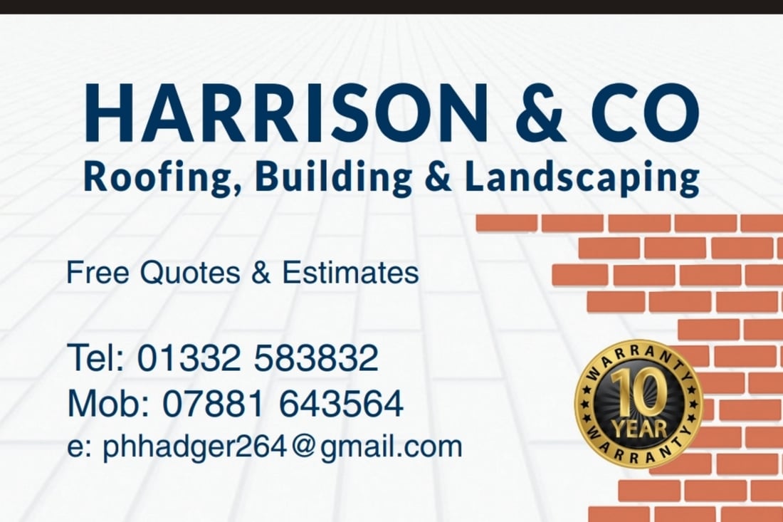 Main header - "Harrison & Co Roofing, Building & Landscapes"