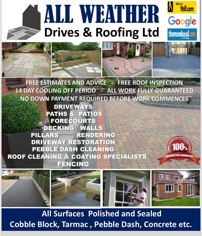 Main header - "Allweather Drives and Roofing"