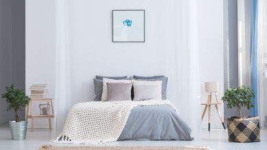 Bedroom in soothing greys and blues