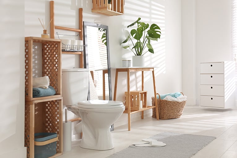 Stylish bathroom with wooden design elements