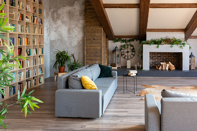 Minimalist dark loft interior in country house