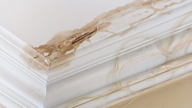 Water damage on roof caused by leaking pipe due to poor plumbing which has led to peeling paint and water leaks.