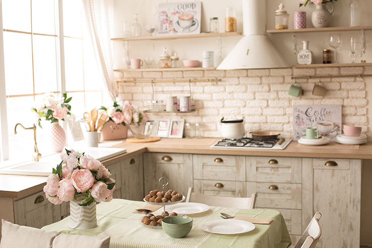 Image of a cottagecore design inspired kitchen using beige shades.
