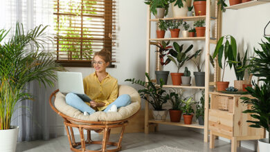 Picture of a woman sitting in a chair surrounded by plants