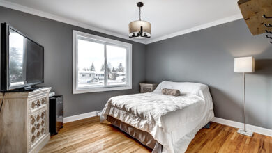 Picture of a luxury bedroom with grey walls and TV