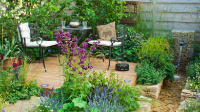 Picture of a garden with water feature and outdoor seating on patio