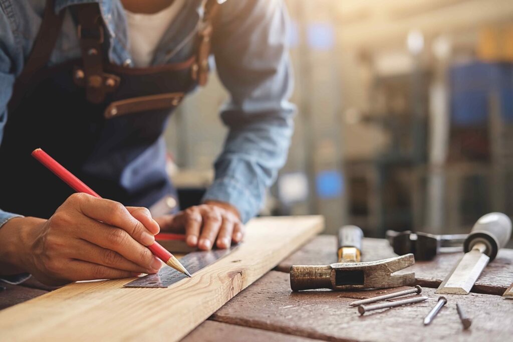 Picture of a carpenter using a ruler to measure a piece of wood