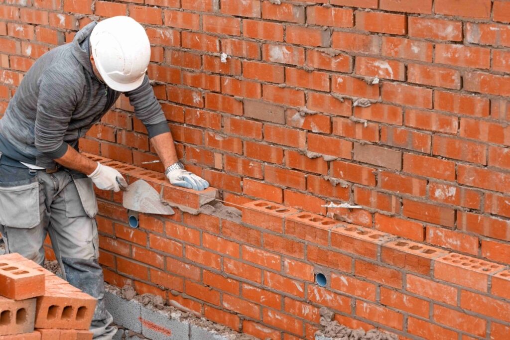 Picture of a builder building a brick wall