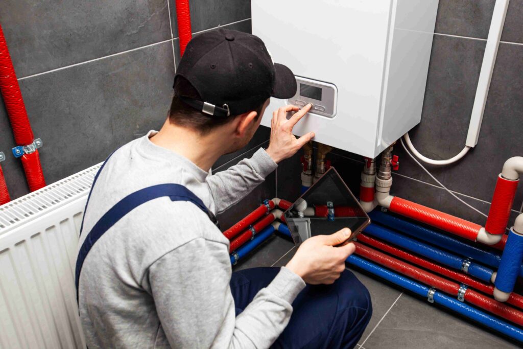 Picture of a plumber servicing a boiler in a utility room