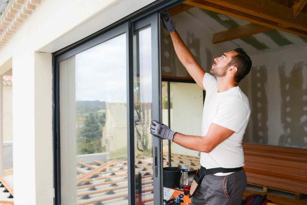 Picture of a window installation expert installing a sliding patio door window