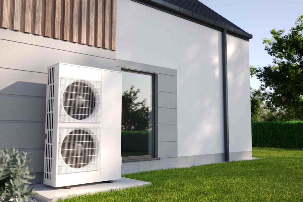 Picture of an air source outdoor heat pump installed in a garden