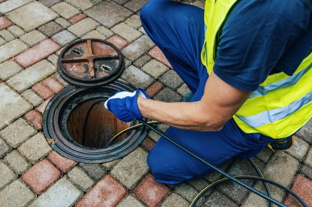 Picture of a drainage specialist clearing a pipe blockage in an outdoor drain